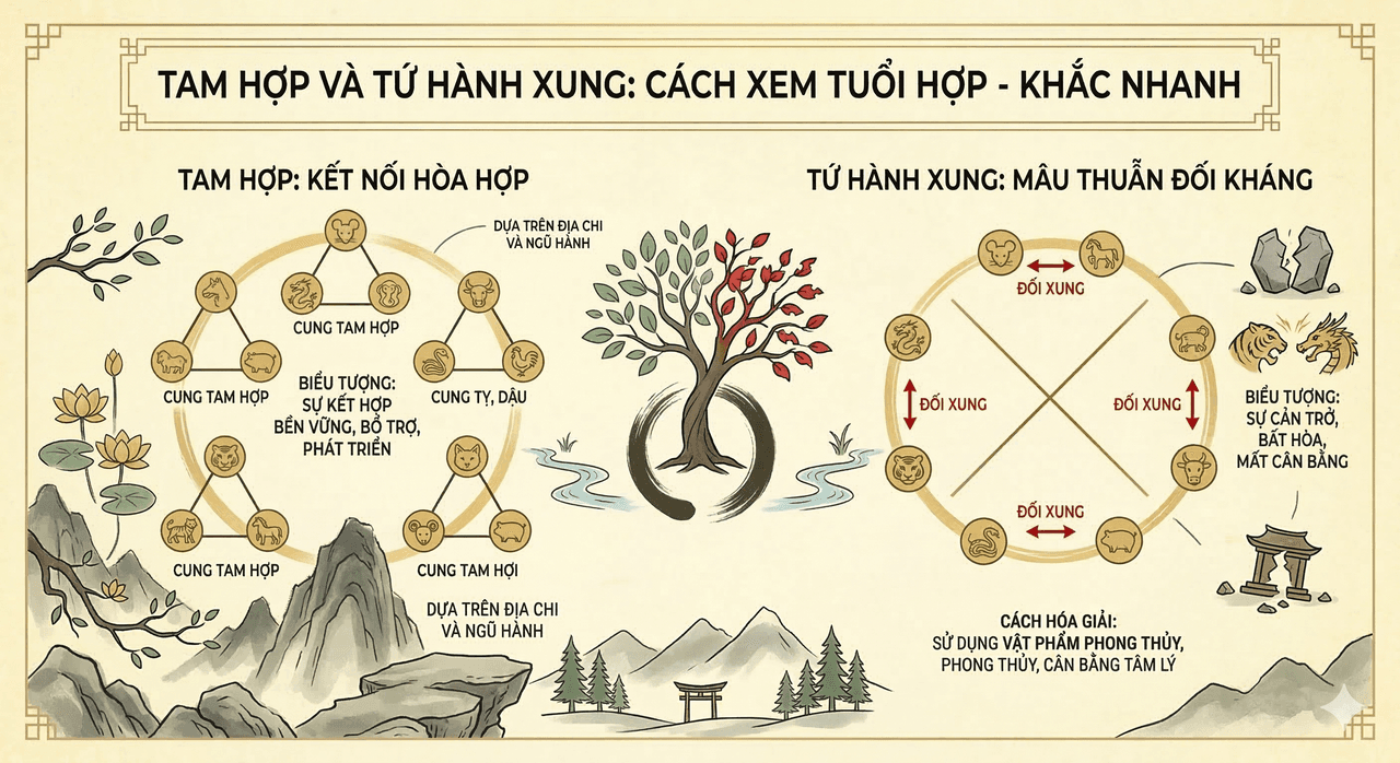 Tam Hợp Tứ Hành Xung: Cách Xem Tuổi Hợp Khắc Nhanh & Chính Xác